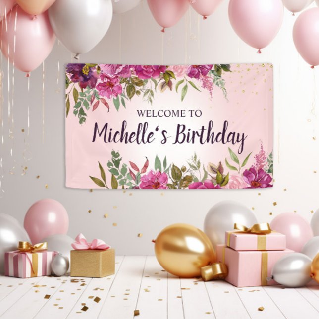 Lona Aniversario de la elegancia de las Chicas Femenina (Elegant pink watercolor floral birthday banner)