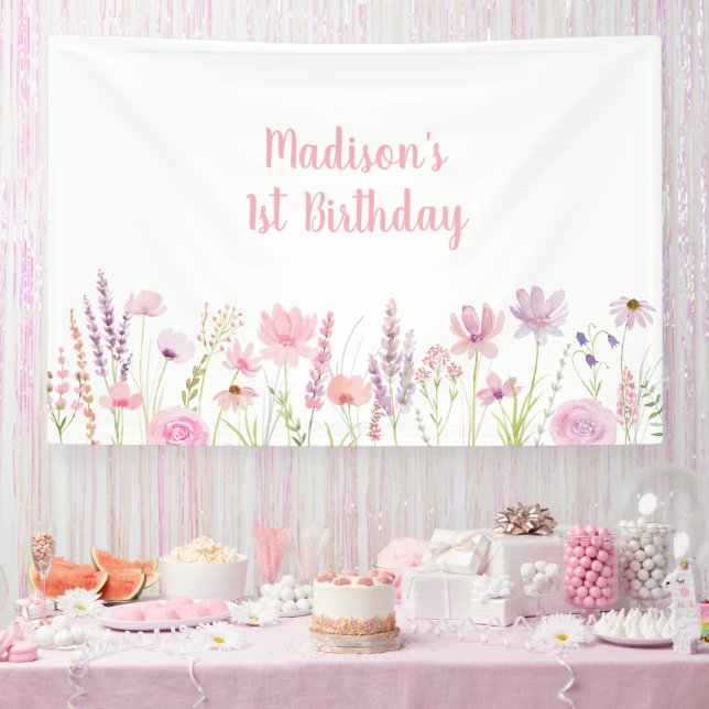 Lona Aniversario del Jardín de Flor Silvestre Rosa (Fiesta)