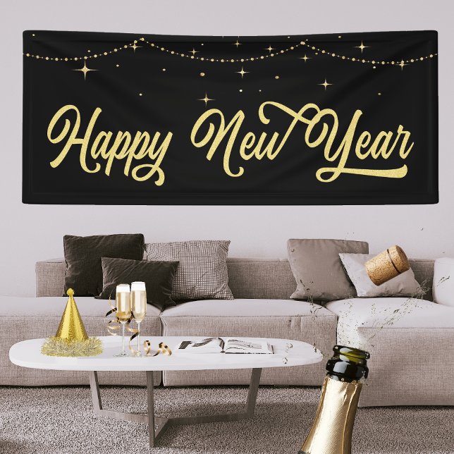 Lona Año Nuevo Feliz de Oro Elegante (Happy New Year Banner. Celebrate the New Year with a party, Photo Backdrop. Gold Black Elegant)