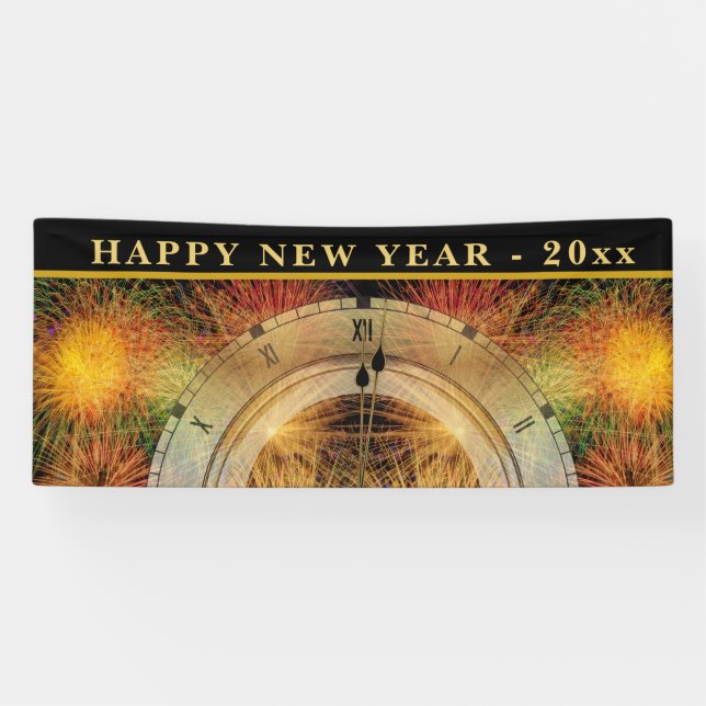 Lona AÑO NUEVO FELIZ - Reloj nocturno festivo (Horizontal)