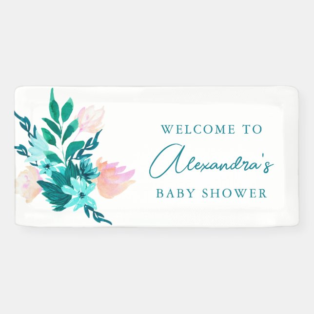 Lona Aqua Blue Green Watercolor Floral Baby Shower (Horizontal)