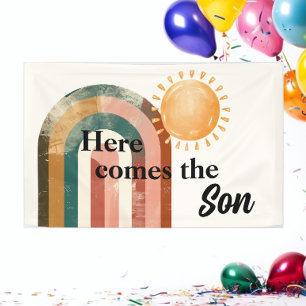 Lona Aquí viene el Baby Shower del arcoiris colorido de
