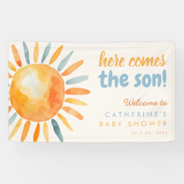 Lona Aquí viene el cartel de baby shower de SON Boho Ba