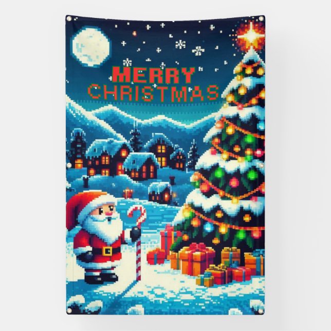 Lona árbol de Navidad de 8 bits y Papá Noel (Vertical)