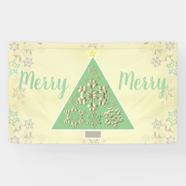 Lona Árbol navideño de "Feliz Feliz" y copos de nieve (Horizontal)