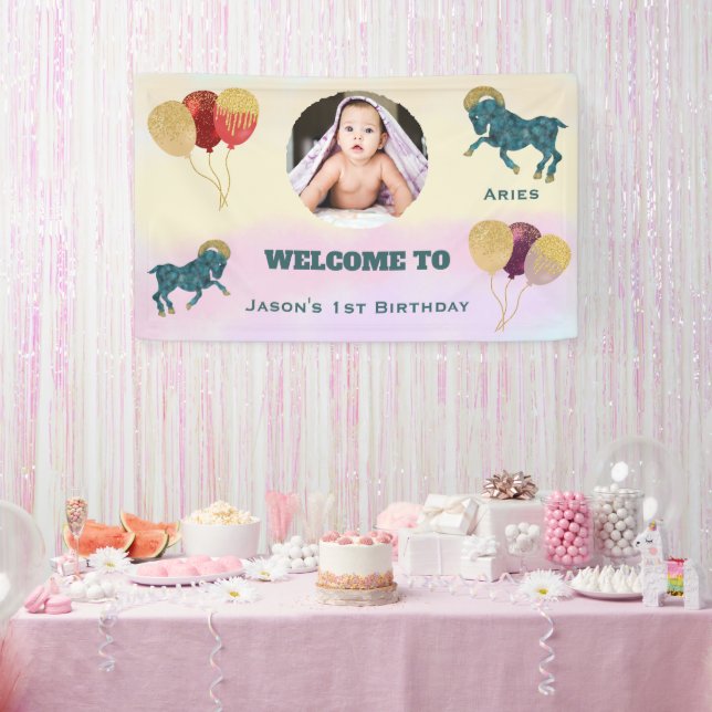 Lona Aries Watercolor 1st Birthday Photo & Balloons  (Fiesta)