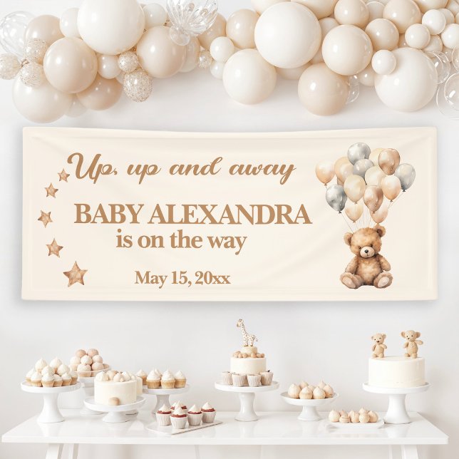 Lona Arriba y lejos Teddy Bear globos Baby Shower (Up up and away teddy bear and balloons baby shower banner)
