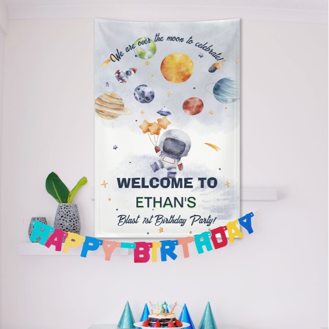 Lona Astronauta Planeta Fiesta Espacial Niños Cumpleaño (Astronaut Planet Space Party Kids Birthday Banner)