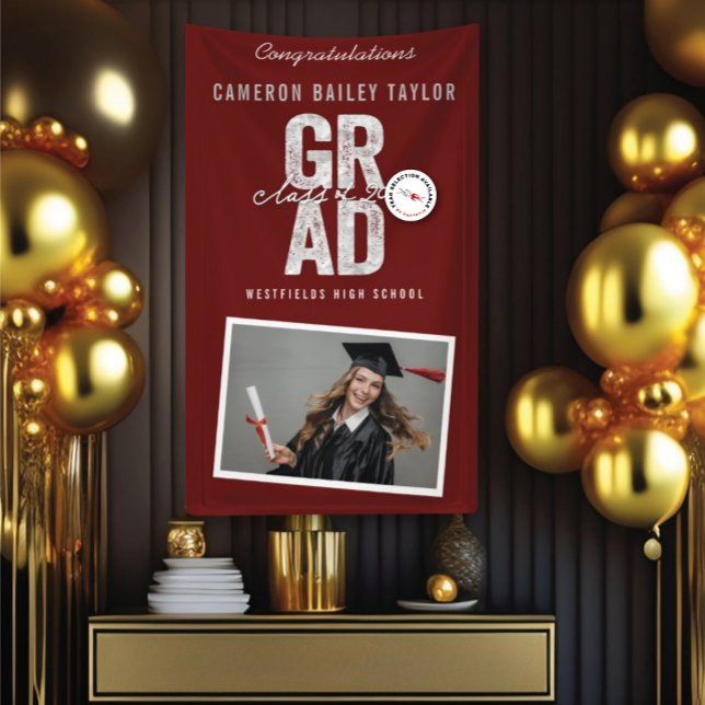 Lona Audaz Clase GRAD Del Partido De Graduación De Foto (Class Of 20YY Modern Bold Silver GRAD Photo Graduation Party Banner @ www.zazzle.com/color_therapy)