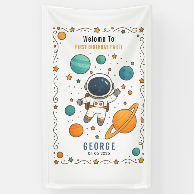 Lona Aventura Espacial Primer Cumpleaños | Espacio (Vertical)
