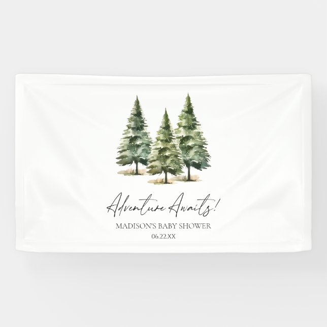 Lona ¡Aventura espera! Baby Shower de Winter Pine Trees (Horizontal)