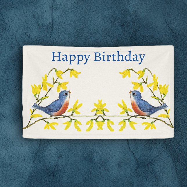 Lona Aves Rojas Azules de Cumpleaños Ramas Flores Amari (Happy Birthday banner or backdrop decoration red blue birds on branch yellow flowers on white.)