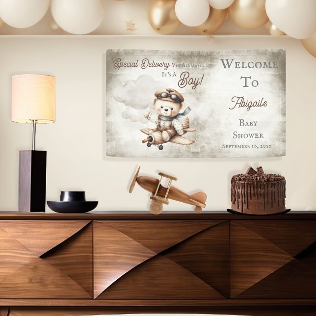 Lona Avión Teddy Bear entrega especial Baby Shower (Cute "Special Delivery Via Airmail . . . It's A Boy!" Teddy Bear | Airplane Baby Shower Banner)