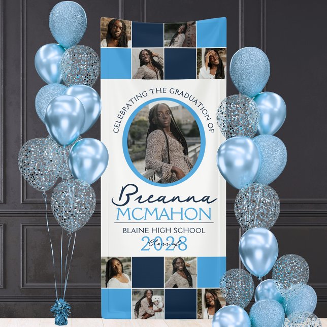 Lona Azul claro y marina 9 Collage de fotos Graduación  (Navy Blue and Baby Blue 9 Photo Vinyl Graduation Hanging Banner. Indoor or Outdoor Use!)