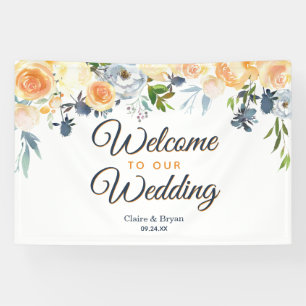 Lona Azul Marino Coral Acuarela Floral Bienvenida Boda