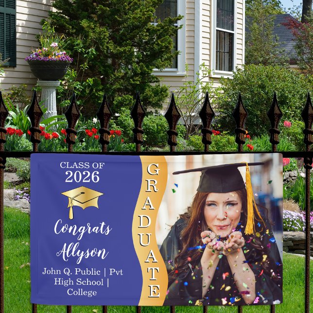 Lona Azul | Oro Felicitaciones Graduado Ola Foto (Classy Modern Blue and Gold Tone "Graduate" Grad Cap Graduation Party Banner )