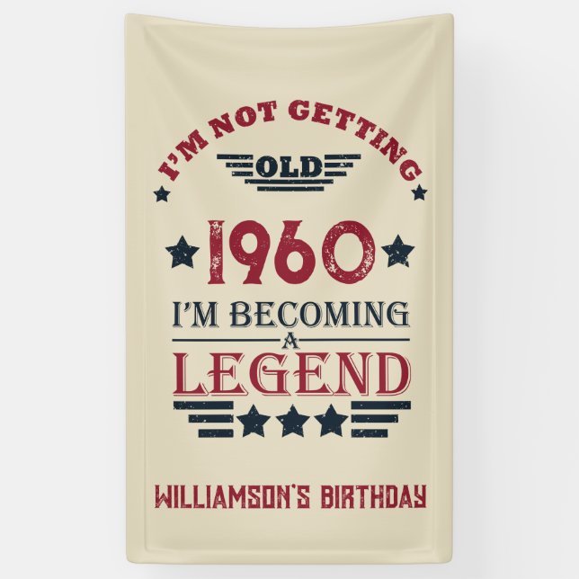 Lona Azul rojo de cumpleaños vintage personalizado (Vertical)