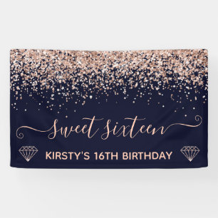 Lona Azul y dorado rosa falso con brillo Sweet 16