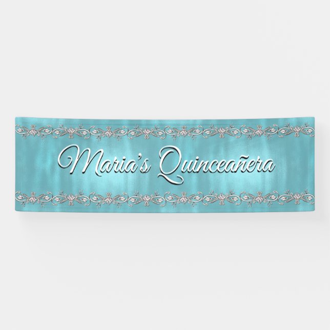 Lona Azules turquesas y bandera de plata de Quinceañera (Horizontal)