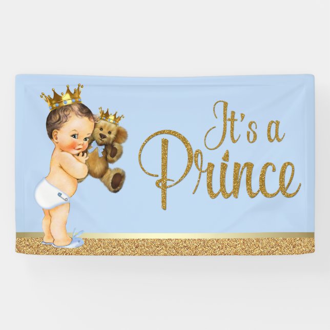 Lona Baby Blue Gold Prince Teddy Bear Baby Shower (Horizontal)