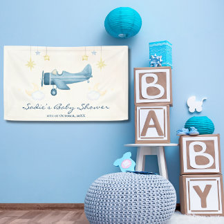 Lona Baby Shower Airplane Clouds Stars Cute Blue Modern