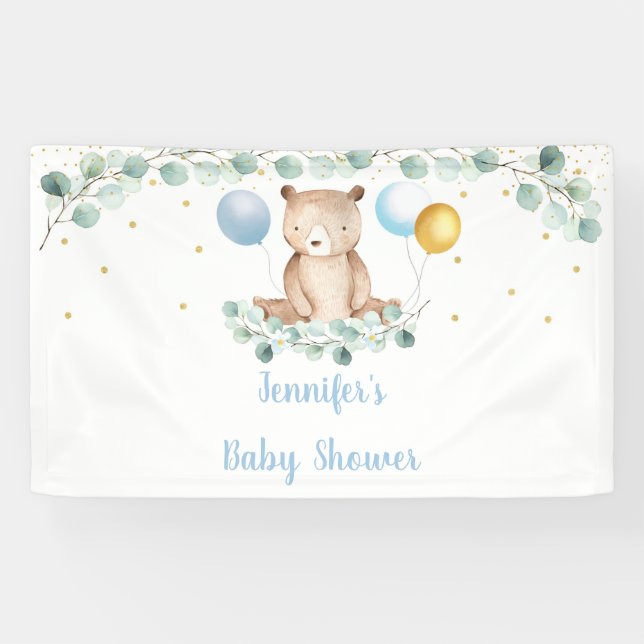 Lona Baby Shower Bear Greenery Gold Blue Boy (Horizontal)