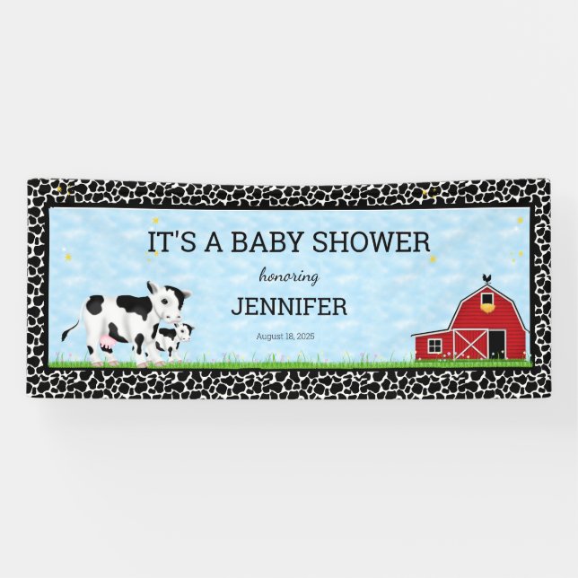 Lona Baby Shower blanco negro de vacas personalizadas (Horizontal)