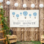 Lona Baby Shower Blue Hot Air Balloon<br><div class="desc">Bienvenidos niños pequeños con estilo con este lindo cartel de ducha de bebé con una flota de globos de aire caliente en color azul y acuático. Personalice el texto del personalizado con el nombre del invitado y la fecha de ducha. Se muestra con "bienvenido a la ducha de bebé de...</div>