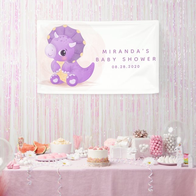 Lona Baby Shower Chica de Dinosaurios Cute Purple (Fiesta)