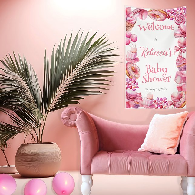 Lona Baby Shower Chica de marco de caramelo rosa (Pink Candy and Treats Frame Girl Baby Shower Vertical Banner)