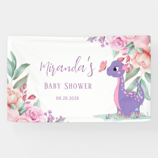 Lona Baby Shower Chica de mariposa de dinosaurio rosado (Horizontal)