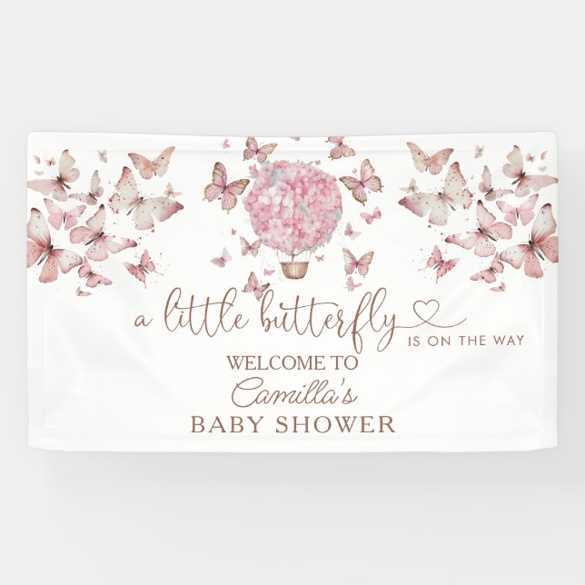 Lona Baby Shower Chica de mariposa floral rosa (Horizontal)