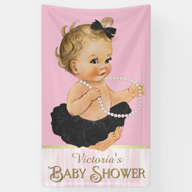 Lona Baby Shower Chica de Perla de Tutu Negro Rosa (Vertical)