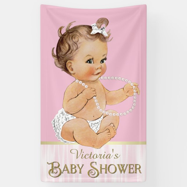 Lona Baby Shower Chica de Perlas Blancas Rosadas (Vertical)