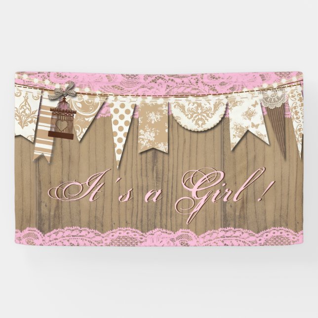 Lona Baby Shower, Chica de Rustic Wood Lace (Horizontal)