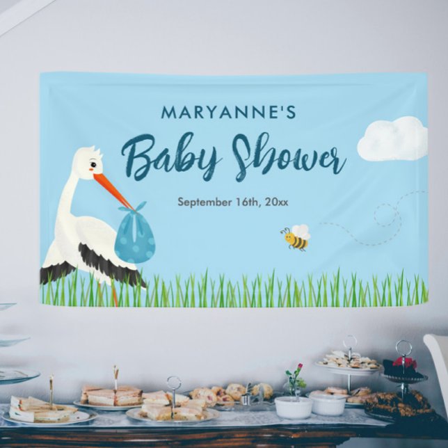 Lona Baby Shower de Blue Stork (Blue stork baby shower wall banner personalized with your info)