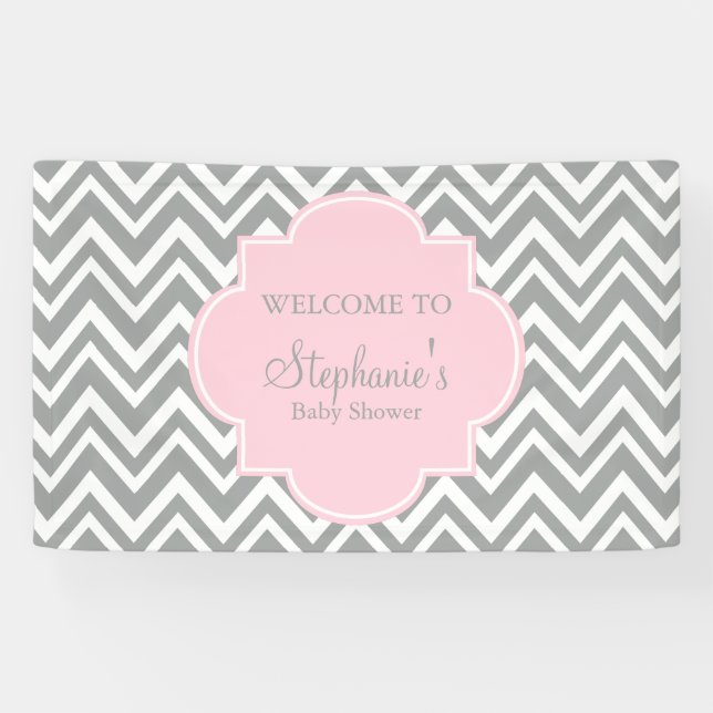 Lona Baby Shower de Chevron rosa gris, blanco y pastel (Horizontal)