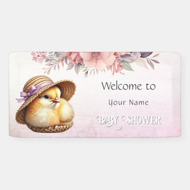 Lona Baby Shower de cinta rosada de pequeño pollo (Horizontal)