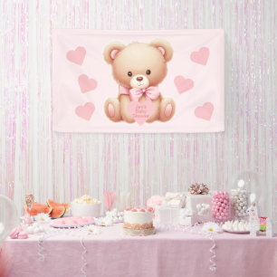 Lona Baby Shower de corazones rosados de oso