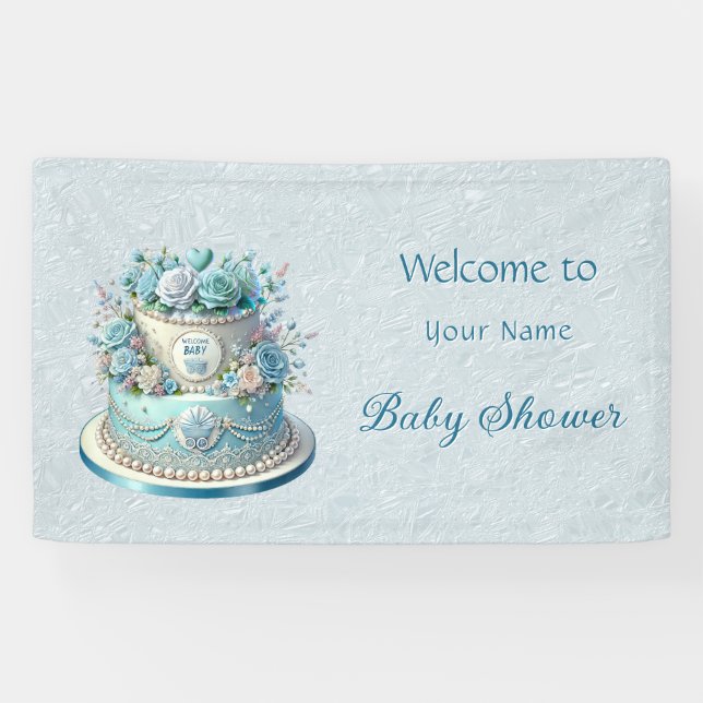 Lona Baby Shower de Flores de Pastel Azul (Horizontal)