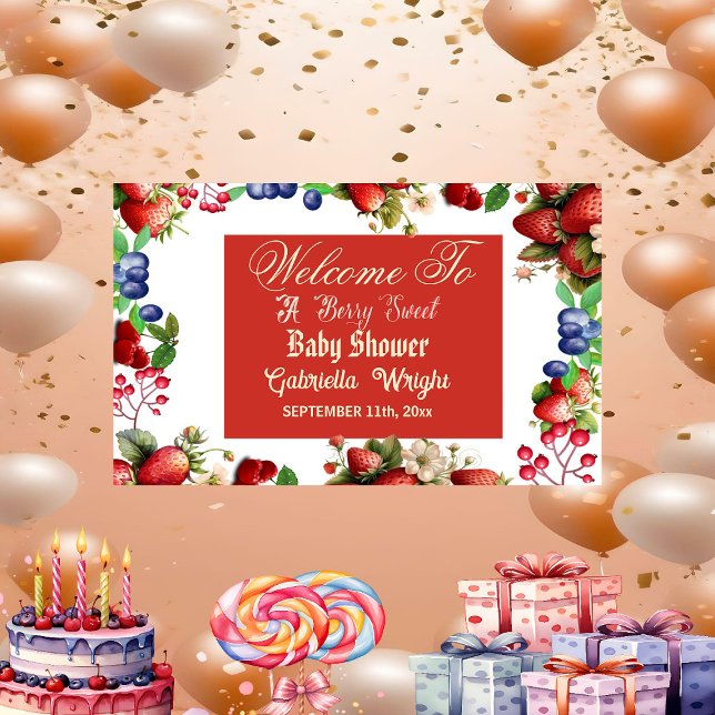 Lona Baby Shower de fresa roja | Blue Berry Sweet Cute (Red Strawberry Baby Shower |Blue Berry Sweet Cute Banner)