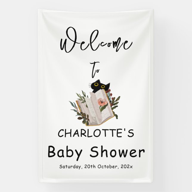 Lona Baby Shower de gatos negros y libros florales (Vertical)
