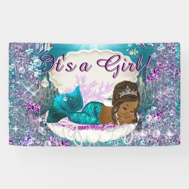 Lona Baby Shower de la princesa sirena afroamericana (Horizontal)