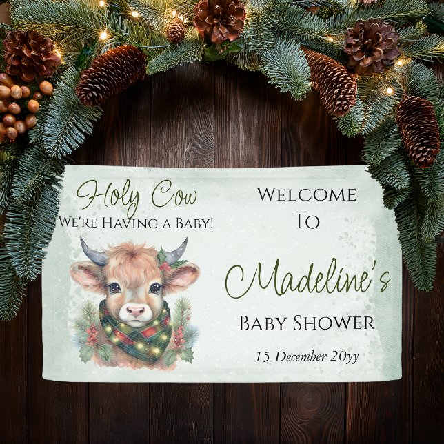 Lona Baby Shower de la vaca sagrada en Highland Holiday (Winter Holiday Highland "Holy Cow" Evergreen Baby Shower Banner)