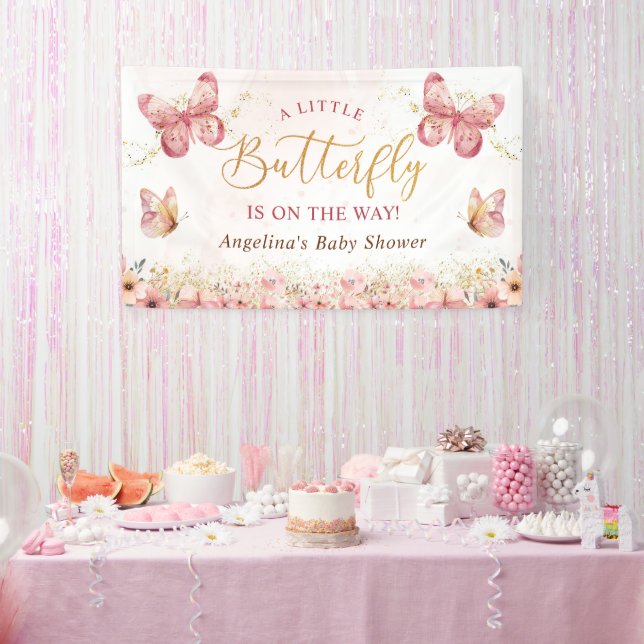 Lona Baby Shower de mariposa floral de boho rosa (Fiesta)