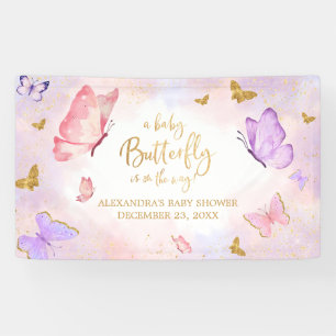 Lona Baby Shower de mariposa morada de oro rosa