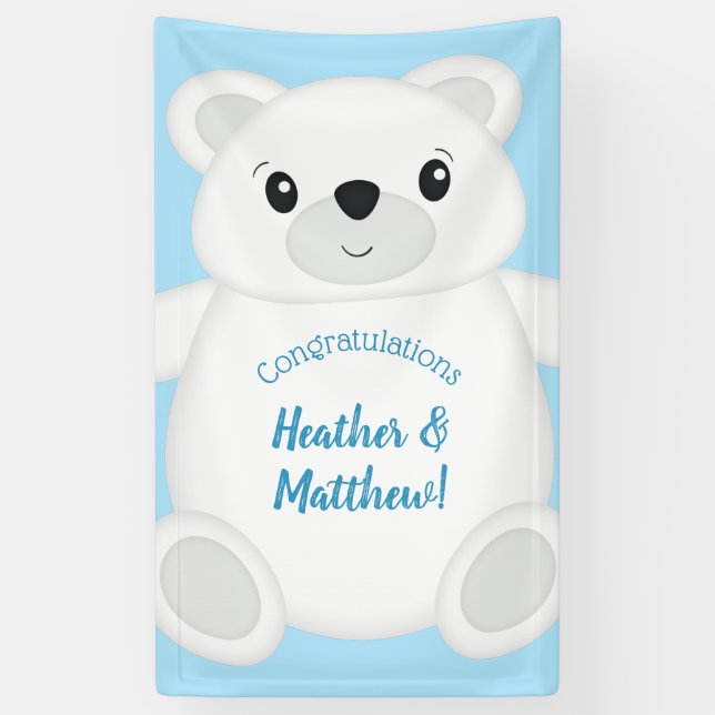 Lona Baby Shower de oso polar azul (Vertical)