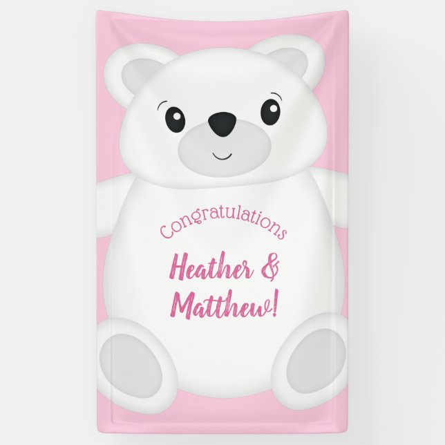 Lona Baby Shower de oso polar rosa (Vertical)