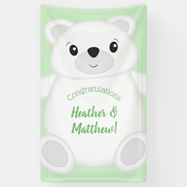Lona Baby Shower de oso polar verde (Vertical)