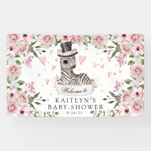 Lona Baby Shower de rosa rosa zebra (Horizontal)